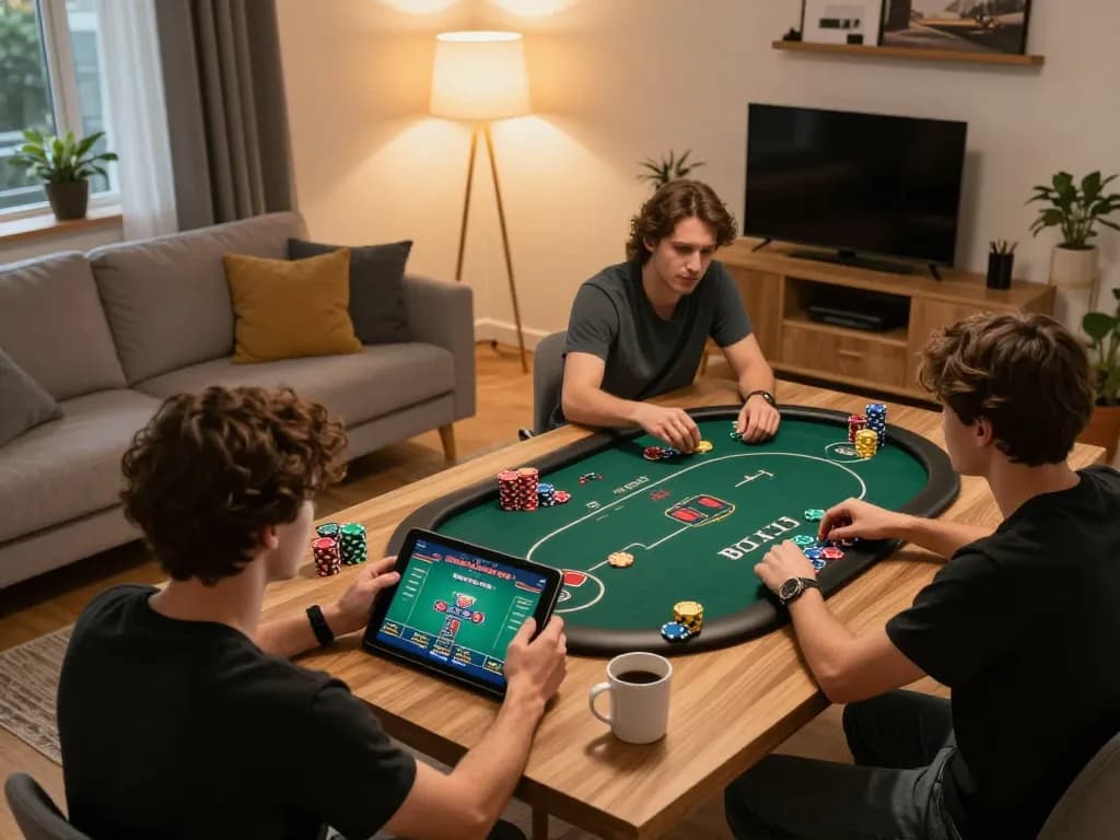 Engaged player using a tablet for online poker gaming at home with du88 strategy notes visible.