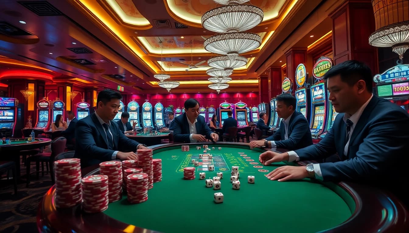 Experience thrilling gaming action at Xin88 with players enjoying roulette and poker in a luxurious casino setting.