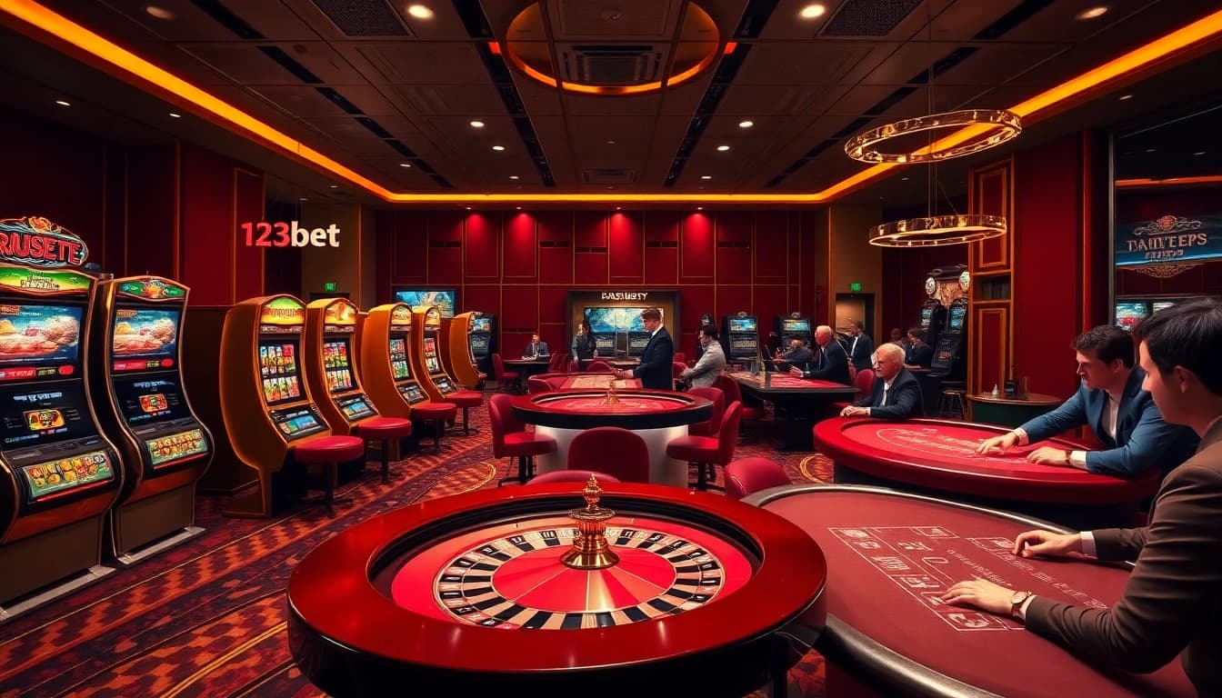Engaging gamblers playing table games at 123bet online casino with an elegant atmosphere.