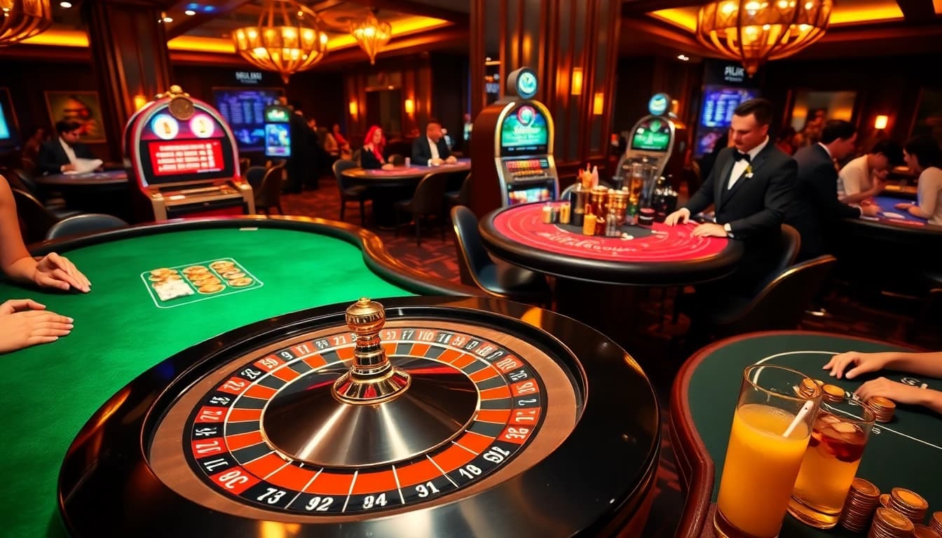 Experience thrilling action at https://sunwin11.sh/ with a vibrant casino scene featuring roulette and blackjack.