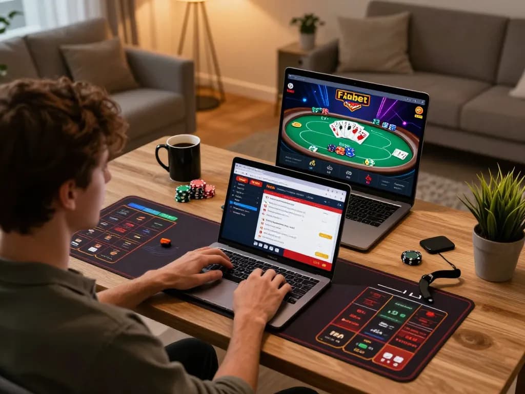 Player engaging in poker game on Fabet while enjoying a cozy home gaming environment