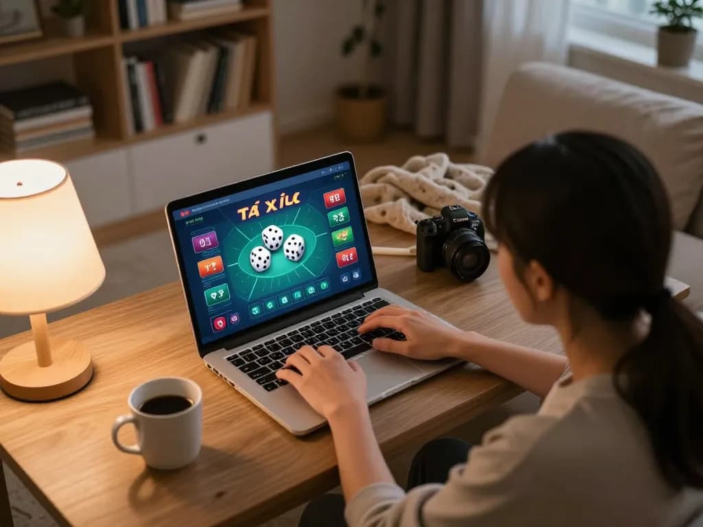Tài xỉu online gaming at home with a player focused on live rolls and interactive interface