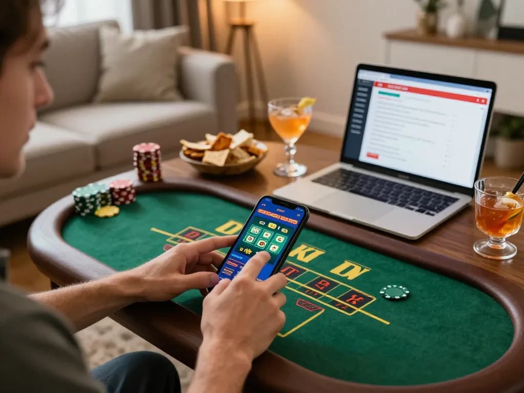 Engaging with trang chủ BL555 through a mobile app, showcasing dynamic online gambling at home.