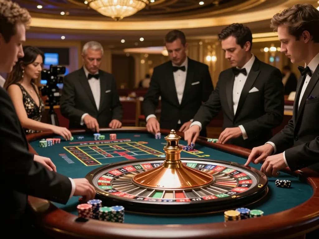Players strategizing at a roulette table in a luxury casino, featuring LV88 branding and vibrant atmosphere.