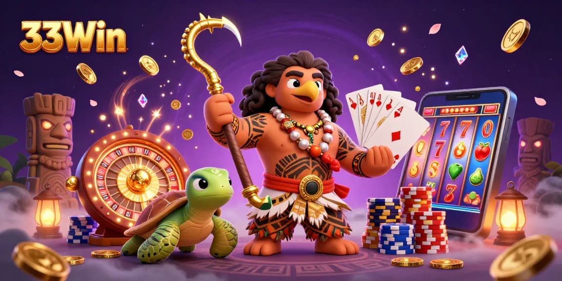 Witness the action at 33Win with a vibrant 3D illustration of a Polynesian demigod and his turtle sidekick.