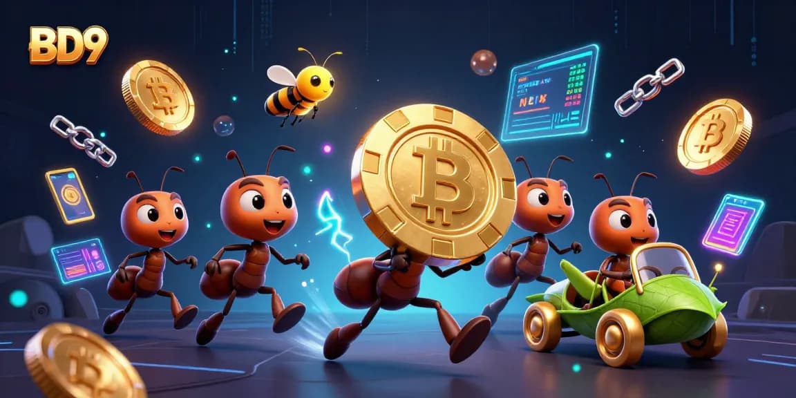 Engage with BD9's vibrant online gaming experience through dynamic crypto heist imagery featuring playful ants and a firefly lookout in a rich casino world.