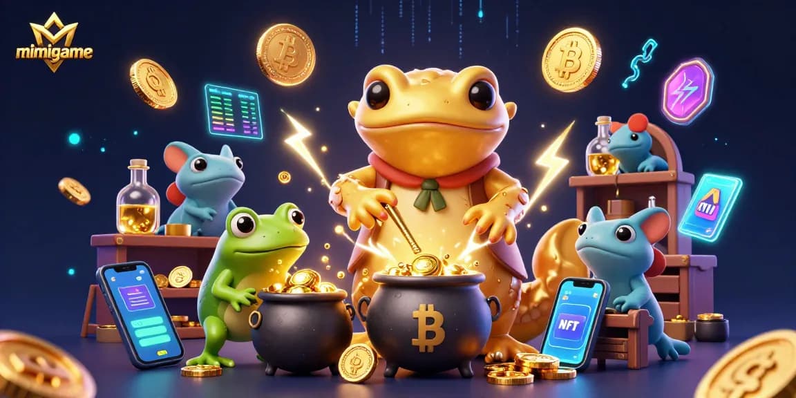 Experience the thrill with mimigame, a magical casino scene featuring gold transmutation and crypto elements.