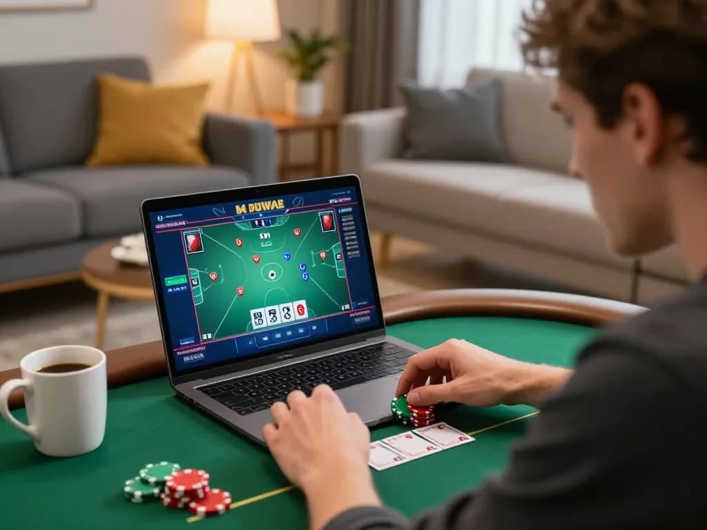 Tg88 player enjoying online poker game at home with a laptop, intense focus on screen.