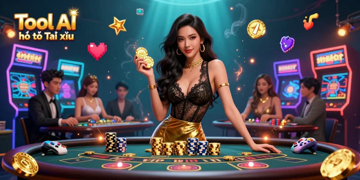 Experience winning strategies with Tool AI hỗ trợ Tài xỉu at a luxurious VIP baccarat table, surrounded by vibrant gaming elements.
