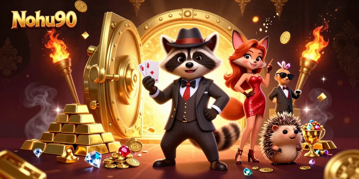 Nohu90 enhances gaming excitement with a glamorous 3D casino scene featuring a raccoon and a fox.