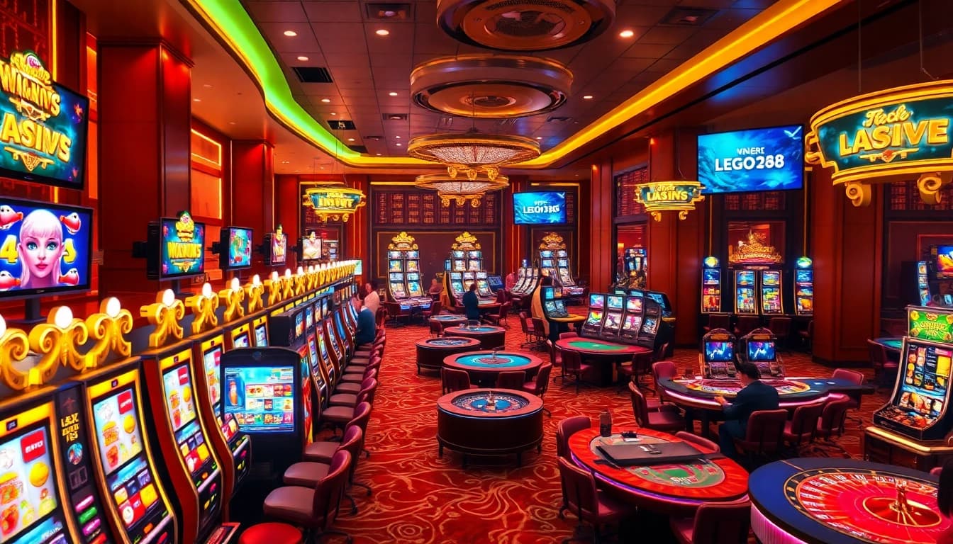 Experience the thrill of lego138 with vibrant casino games and exciting slot machines under warm lighting.