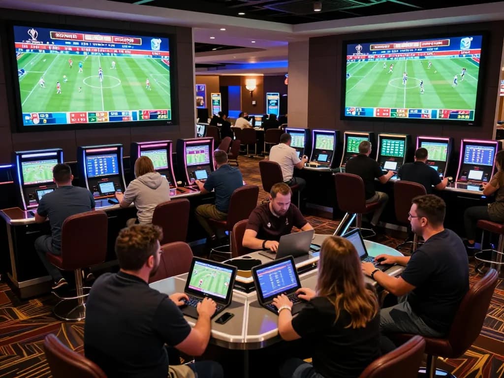 SBOBET88 login available at an exciting sports betting lounge with live matches and enthusiastic bettors.