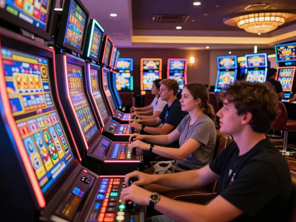 Players engaging with U888 slot machines in a vibrant casino atmosphere, capturing the excitement of potential wins.