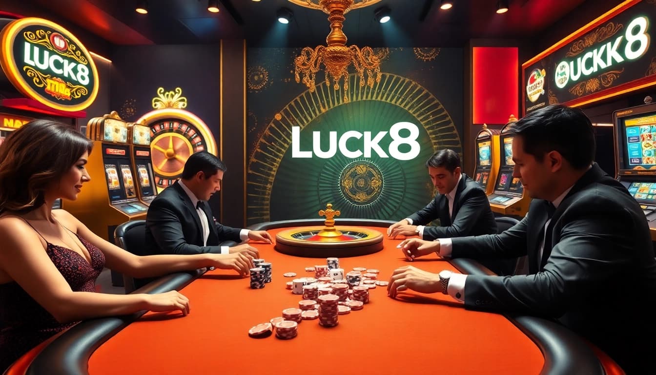 LUCK8 poker table showcasing strategic gameplay, vibrant chips, and an elegant casino atmosphere.