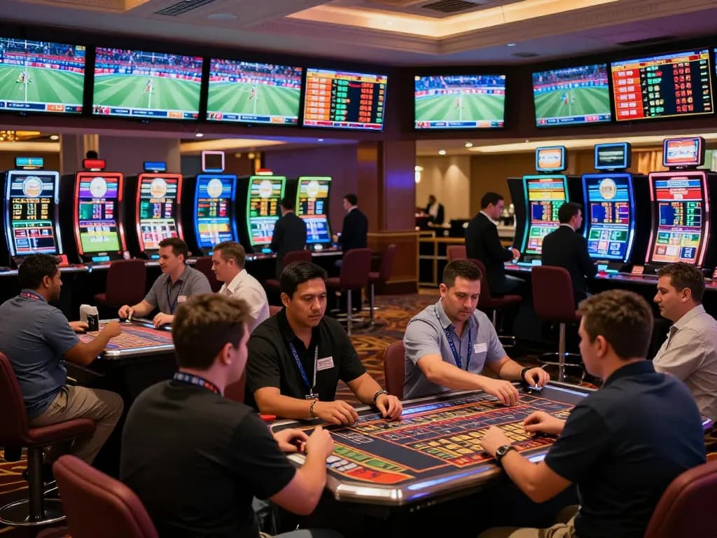 Exciting sports betting scene showcasing say88 nhà cái where bettors analyze odds and place bets in a vibrant casino atmosphere.