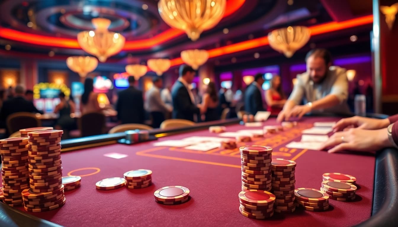 Menggambarkan suasana kasino di https://upfrontpodcast.com/ dengan pemain yang antusias dan dealer aktif.