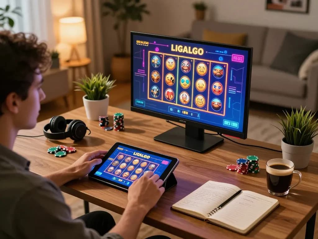 LIGALGO user engaging with tablet for online gambling in a cozy home setup