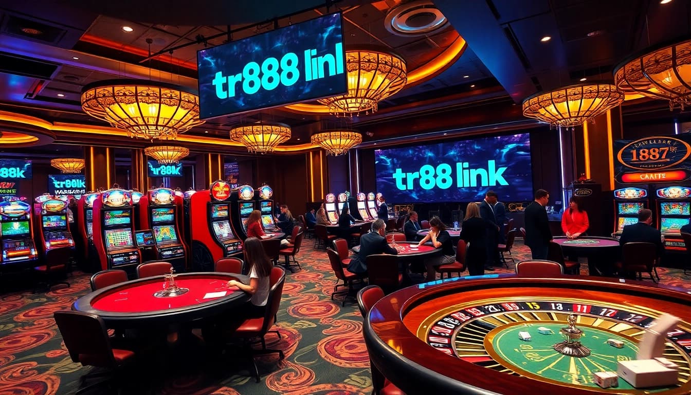 The exciting gaming area features the tr88 link story with players engaging at poker tables and slot machines.
