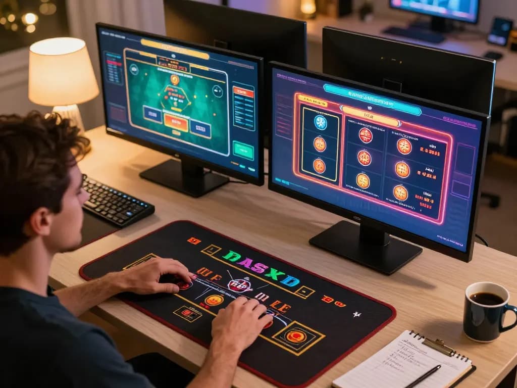 X88 online gaming experience with active live dealer blackjack and vibrant slot machines in modern workspace.