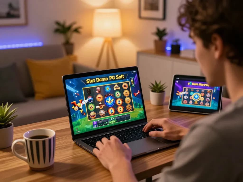 Pemain yang terlibat menikmati permainan Slot Demo PG Soft Mirip Asli di laptop dalam suasana rumah yang nyaman