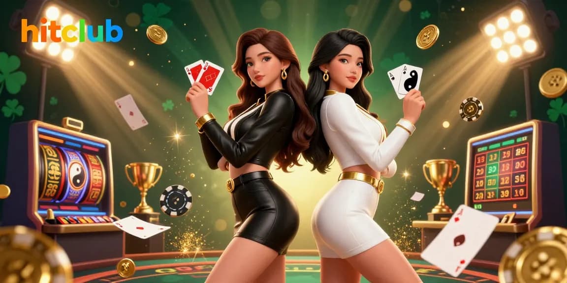 Experience thrilling gameplay at hitclub with stunning characters holding playing cards amidst a vibrant casino backdrop.