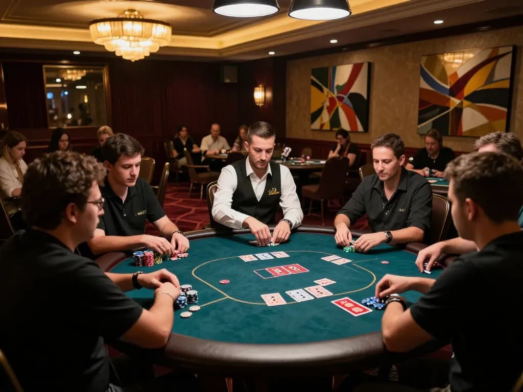 Players engaging intensely in a poker game at an upscale casino, showcasing mpoid strategies.