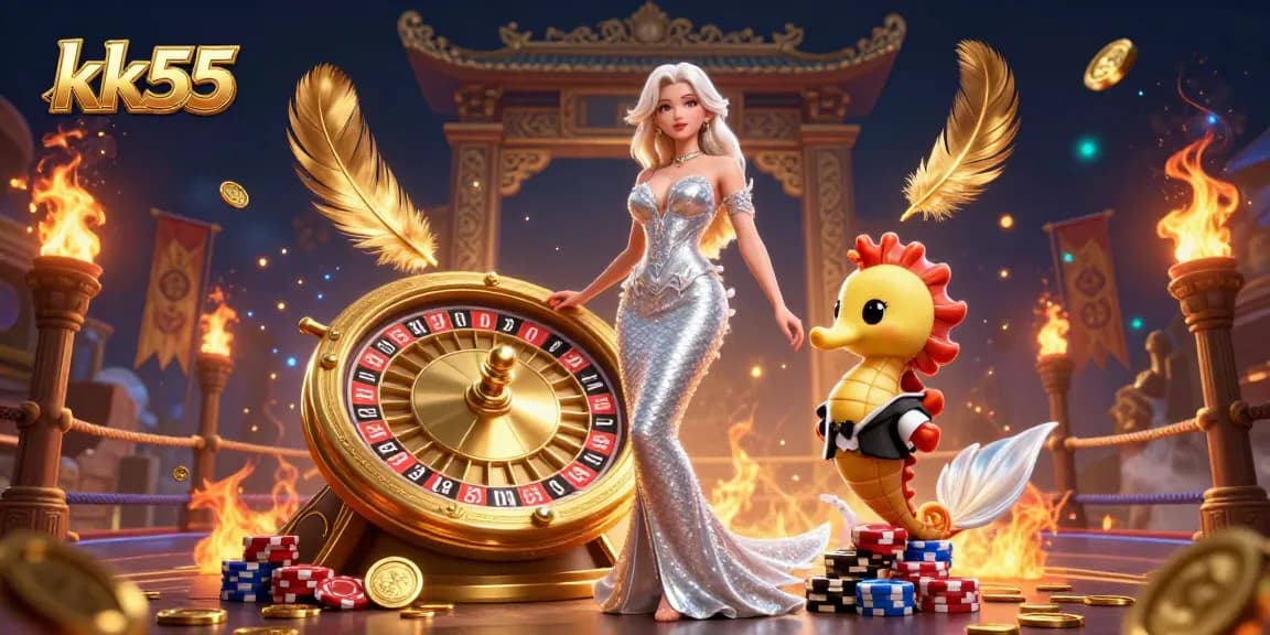 Experience the thrill of betting at kk55 with a glittering roulette wheel and a playful sea creature companion.