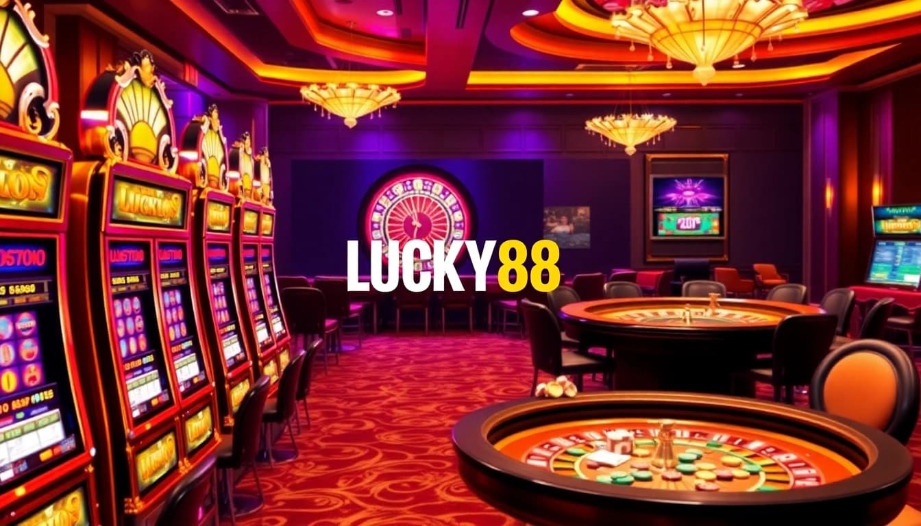 Experience the excitement of LUCKY88 with vibrant casino scenes featuring slot machines and poker tables.