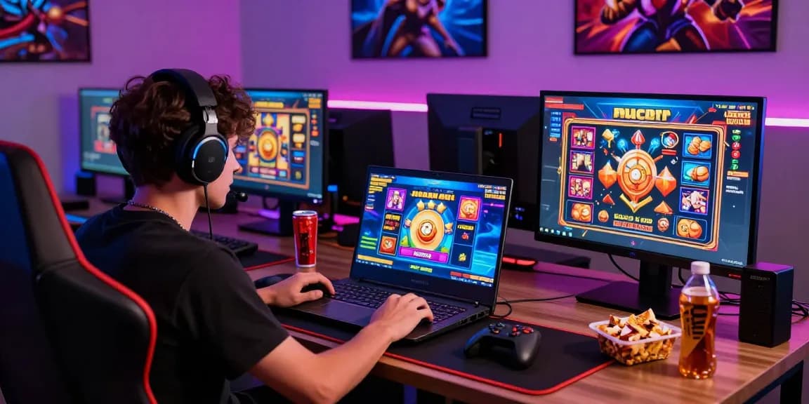 Pemain yang terlibat memainkan Slot Gacor di laptop, pengaturan permainan berwarna-warni dengan visual dinamis.