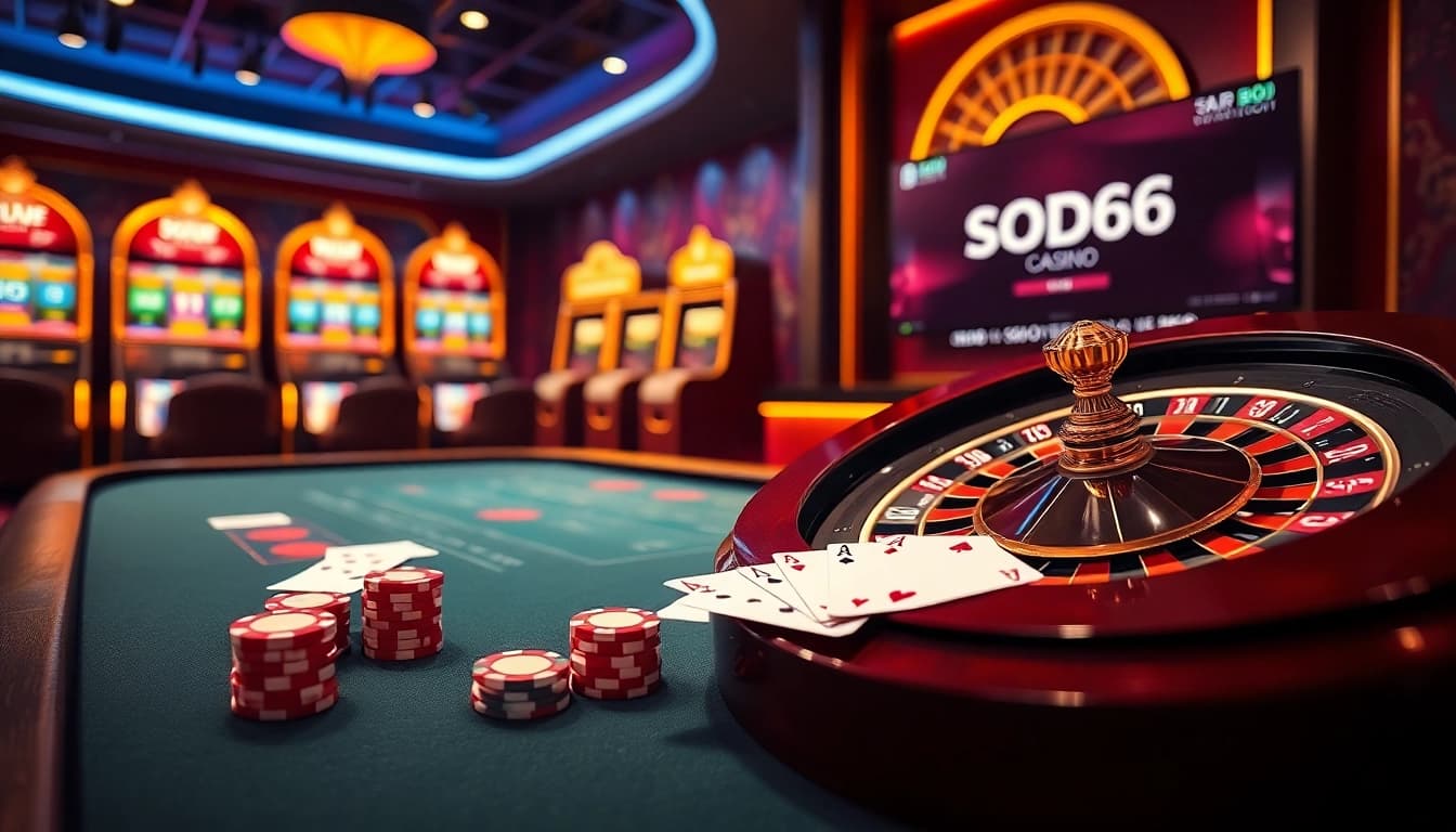 SODO66 casino scene showcasing poker chips, roulette wheel, and vibrant slot machines in an elegant setting.