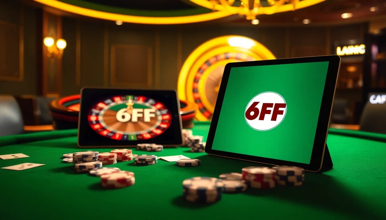 Gambling at a luxurious casino featuring 6FF logo on an online betting tablet.