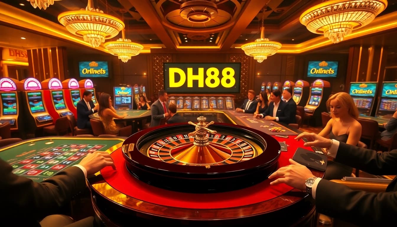 DH88 casino players placing bets at a vibrant roulette wheel in a luxurious setting.