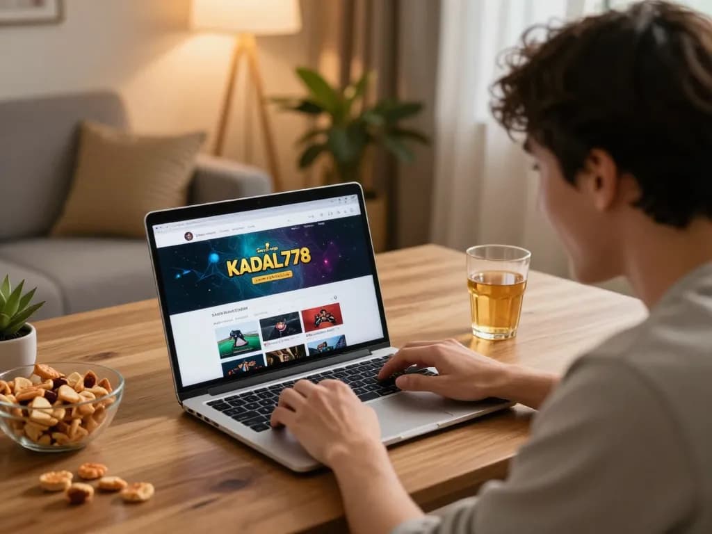 KADAL778 player enjoying online gaming in a cozy home setting with laptop and snacks.