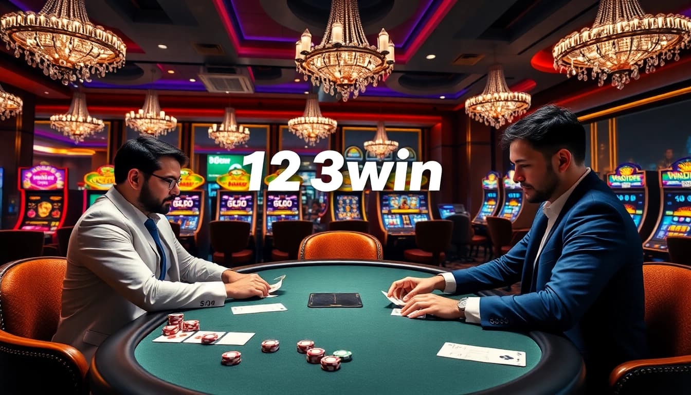 Experience the excitement of gambling at 123win, featuring poker chips and vibrant slot machines.