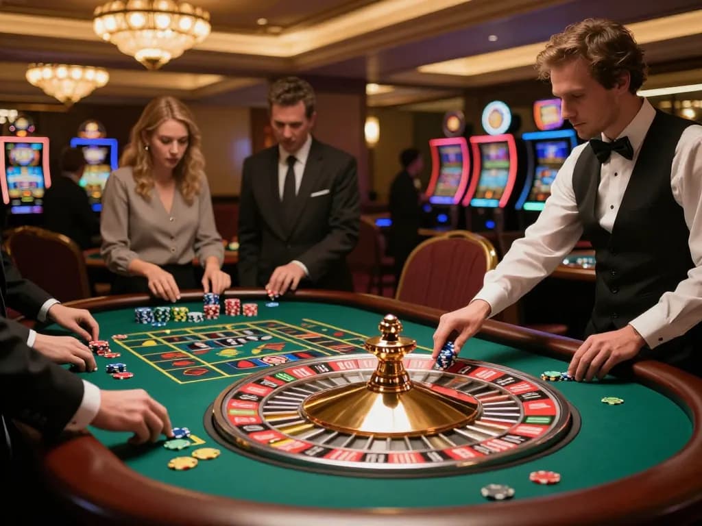 Players engaging at an rr88 roulette table, showcasing vibrant betting activity and luxury casino atmosphere.