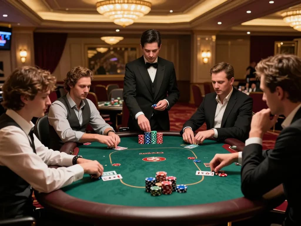 Players strategizing at a poker table in upscale casino atmosphere focused on FC88.