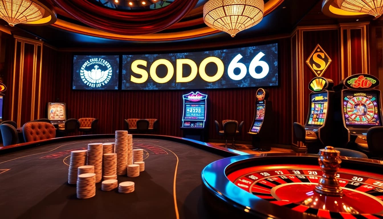 Players enjoying a thrilling moment at SODO66 casino tables with poker chips and roulette wheel.