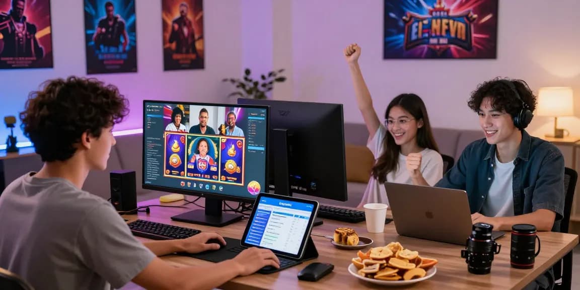 Players enjoying online games and slots on ngamenjitu, celebrating wins with friends in a cozy atmosphere.