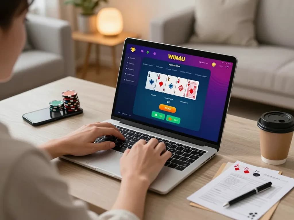 Engage in strategic online poker gaming with the WIN4U app on laptop at home