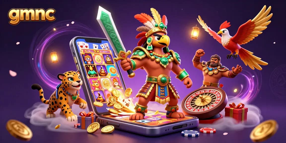 Experience the excitement of gmnc with a dynamic gambling scene showcasing Aztec warriors and casino elements.