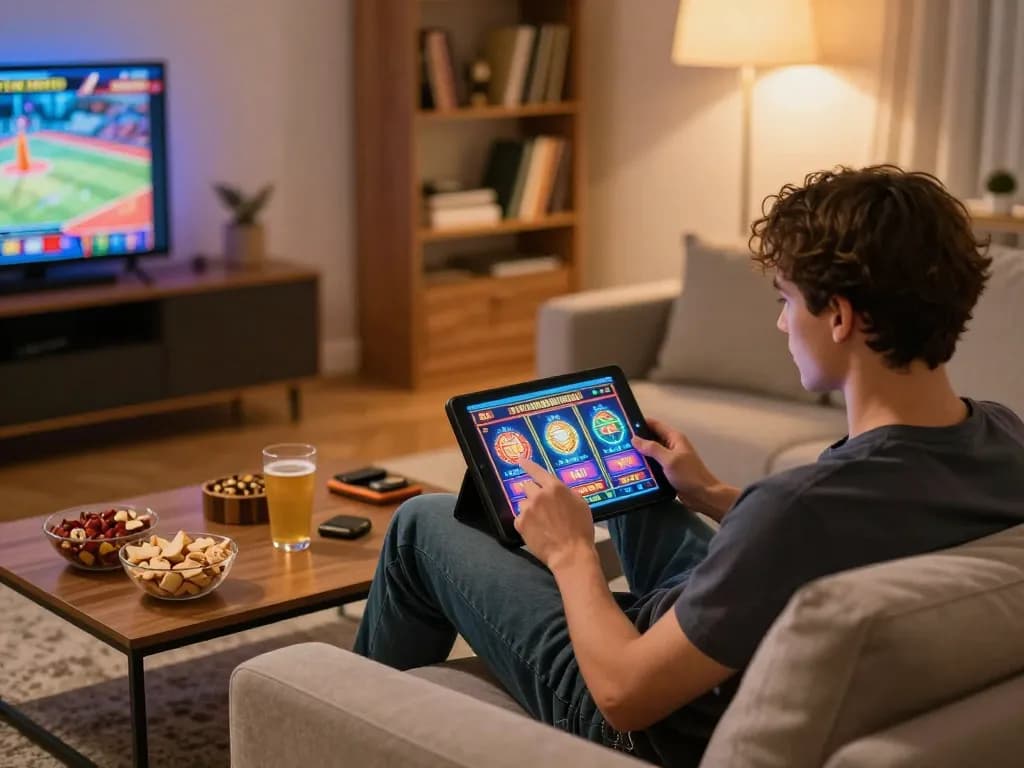 Player enjoying slot games on tablet at home in cozy setting, nk88 atmosphere.