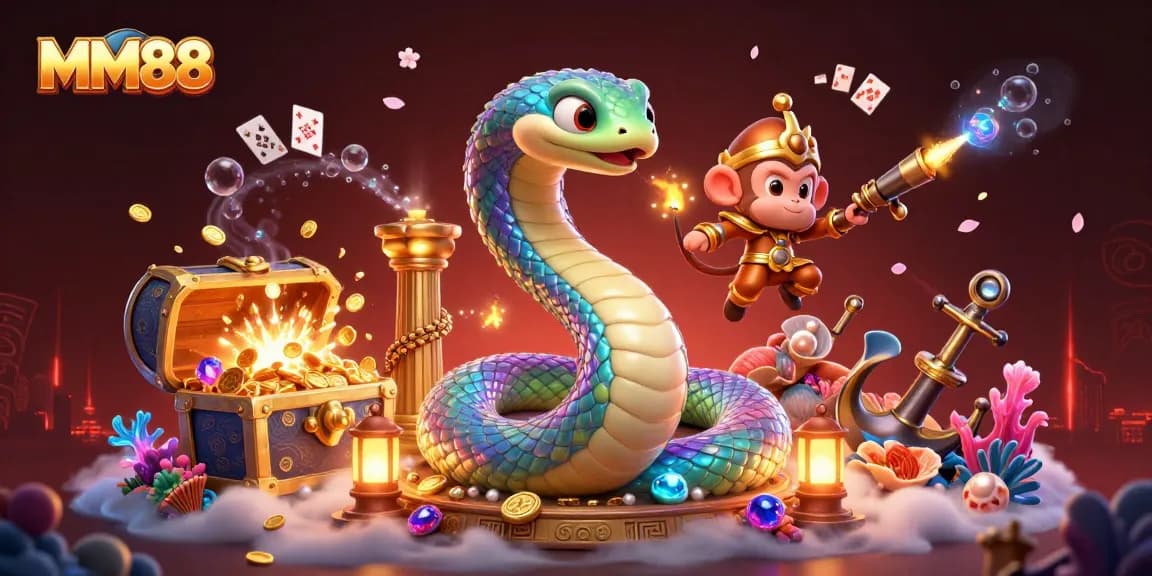 Join the vibrant world of MM88 with a magical serpent and monkey king in this casino adventure.