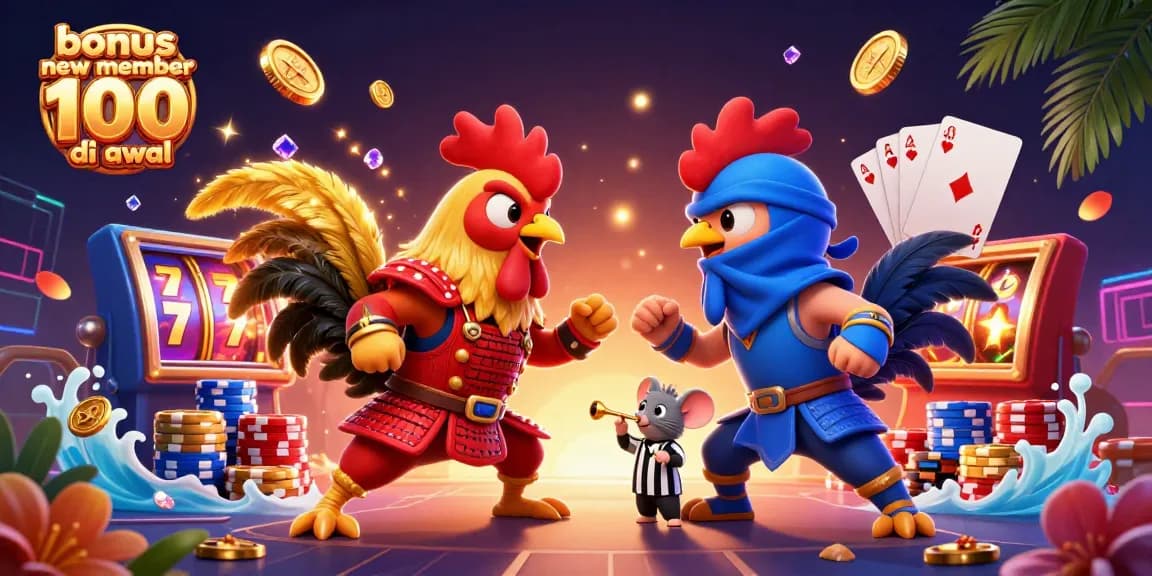 Engage with bonus new member 100 di awal featuring dynamic fighting roosters in a thrilling casino scene.