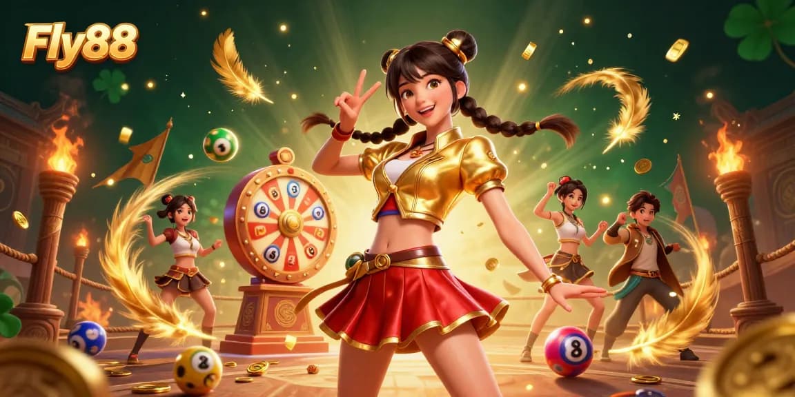 Experience excitement at Fly88 with vibrant elements and engaging characters in this stunning casino scene.