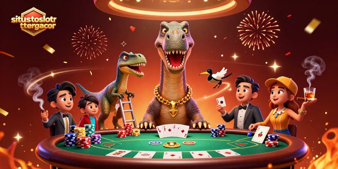 Engage with the exciting poker scene at situstotoslottergacor featuring animated characters and vibrant casino elements.