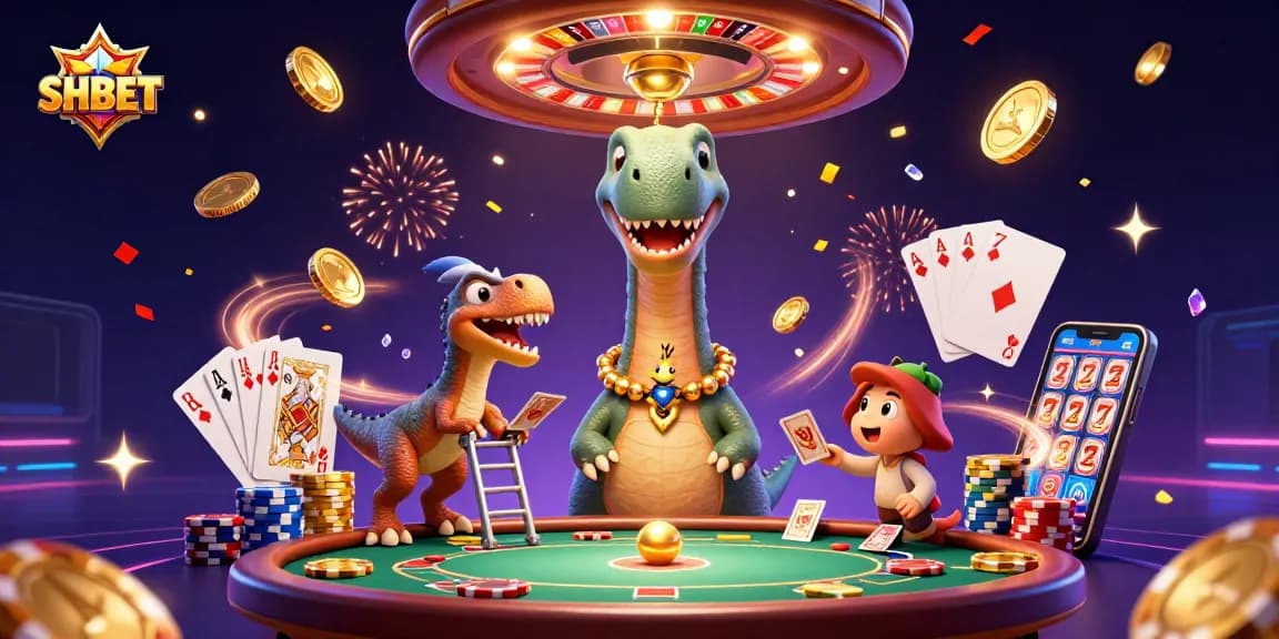 Experience SHBET's thrilling dynamics with a vibrant 3D casino scene featuring a brontosaurus dealer.