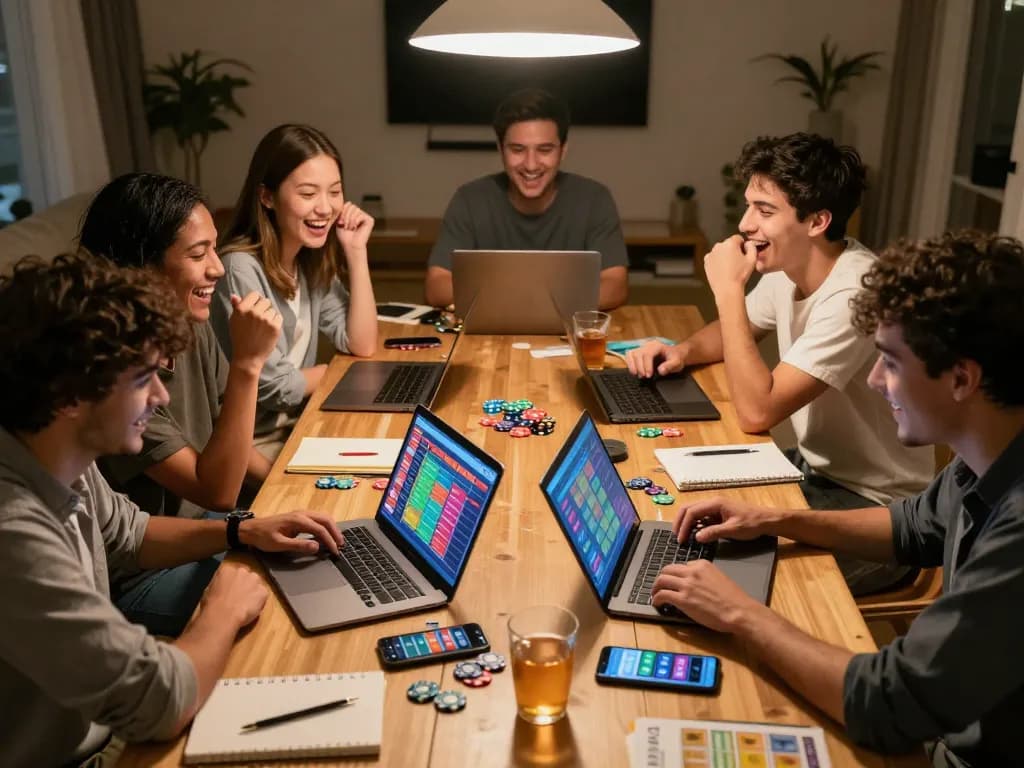 Duduk bersama teman menikmati situs togel online, terlibat dalam permainan strategis dengan antarmuka taruhan yang berwarna-warni