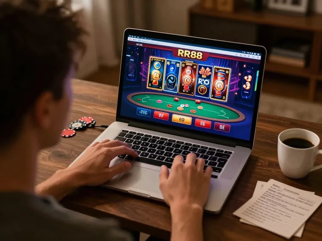 Engaged user strategizing on the RR88 online casino platform from a cozy home setting