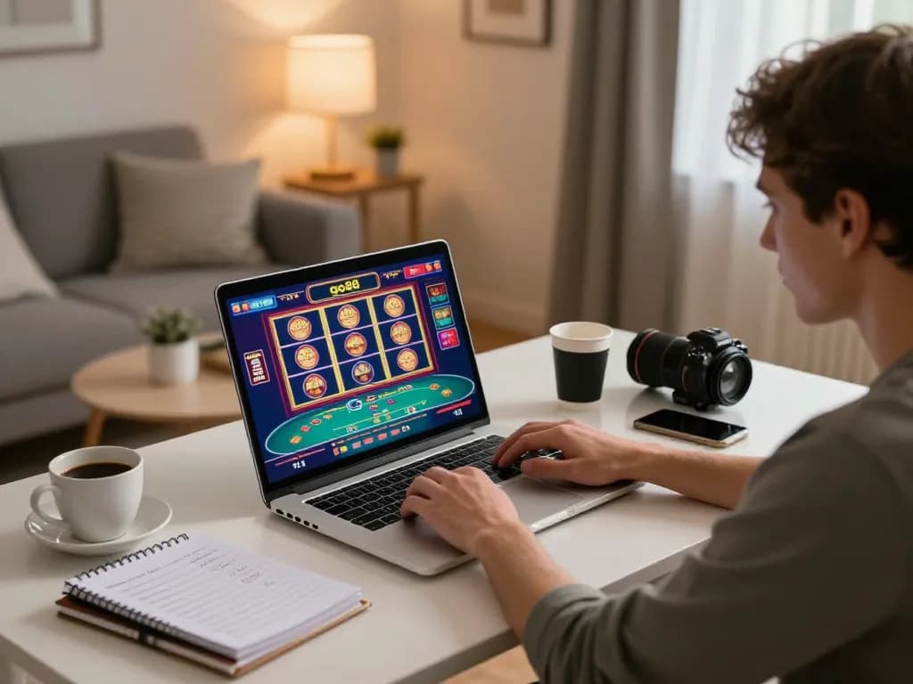 Engaging in strategic gameplay on go88 platform from a stylish home setup with poker and slots displayed.