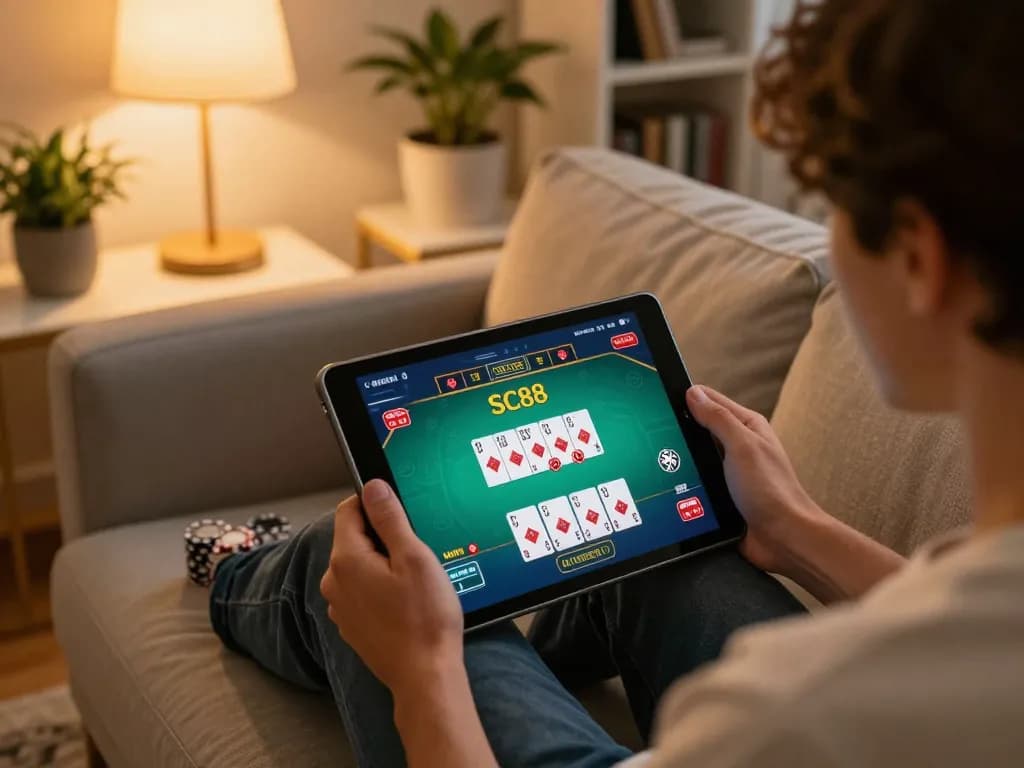 Engaging in a poker game on SC88 tablet, cozy home environment highlighting strategic gameplay